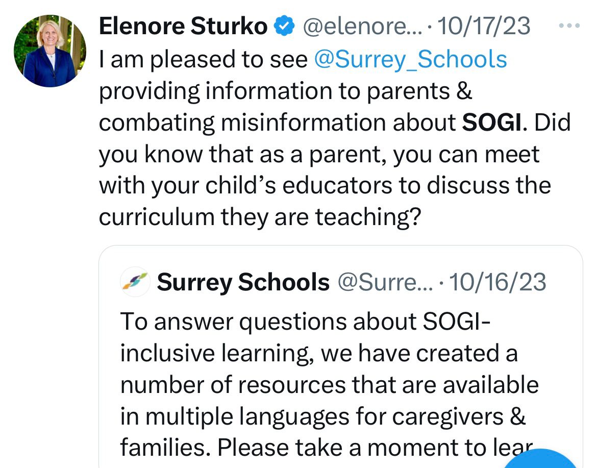 BIZARRE. A year ago, B.C. Conservative candidate for #SurreyCloverdale @ElenoreSturko was defending SOGI. She said “as a parent, &amp; member of the LGBT community” it was important to her that misinformation be corrected. 

THIS WEEK, SHE’S THE ONE SPREADING MISINFORMATION ABOUT