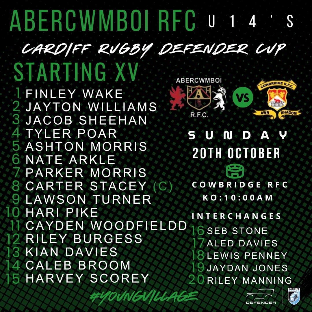 All the best to our U14’s in their <a href="/CardiffRugbyCup/">Cardiff Rugby Cup</a> match away to <a href="/Cowbridgerfcmj/">Cowbridge RFC M&J</a> 
Good luck to all involved and enjoy
🟢⚪️⚫️
#Youngvillage
#Cuprugby