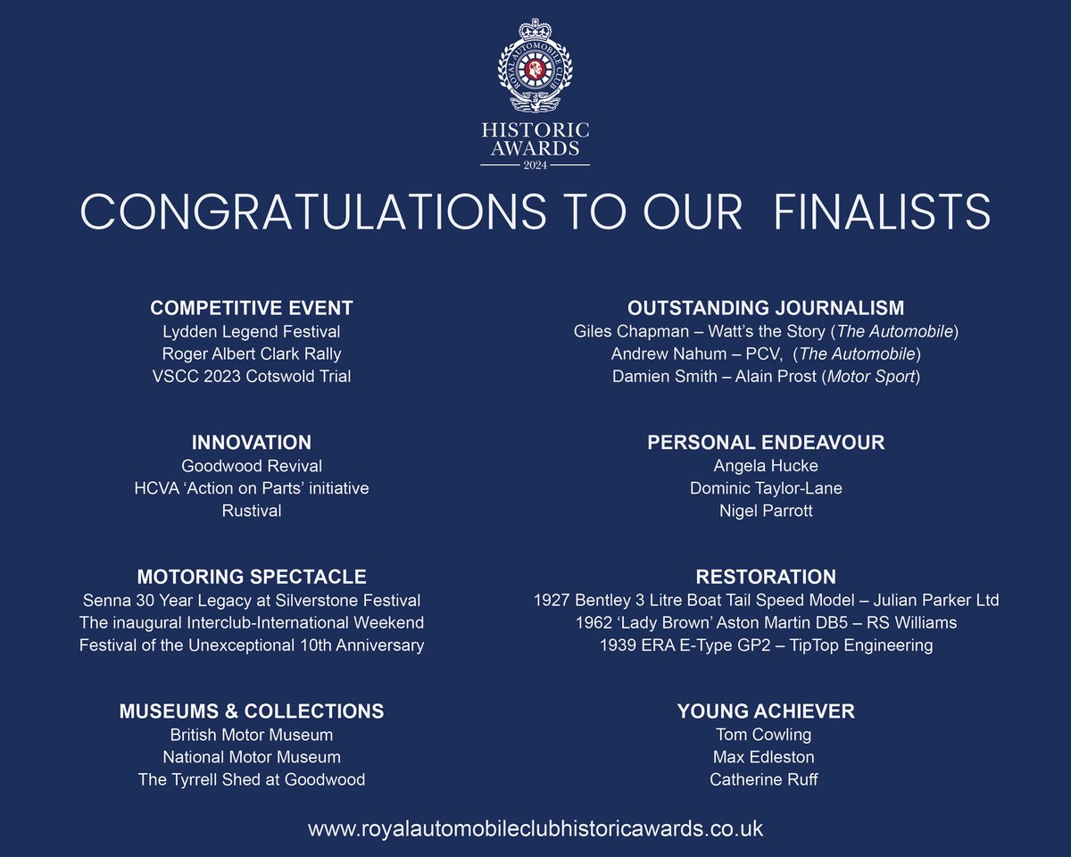 Historic Awards (@awardshistoric) on Twitter photo Huge congratulations to the 2024 Royal Automobile Club Historic Awards finalists! The winners will be announced at the Royal Automobile Club, Pall Mall, London, on 21 November. …yalautomobileclubhistoricawards.co.uk/2024-finalists
<a href="/TheMotoringNews/">Royal Automobile Club Motoring</a> <a href="/RoyalAutomobile/">Royal Automobile Club</a>
#historicawards Huge congratulations to the 2024 Royal Automobile Club Historic Awards finalists! The winners will be announced at the Royal Automobile Club, Pall Mall, London, on 21 November. …yalautomobileclubhistoricawards.co.uk/2024-finalists
<a href="/TheMotoringNews/">Royal Automobile Club Motoring</a> <a href="/RoyalAutomobile/">Royal Automobile Club</a>
#historicawards