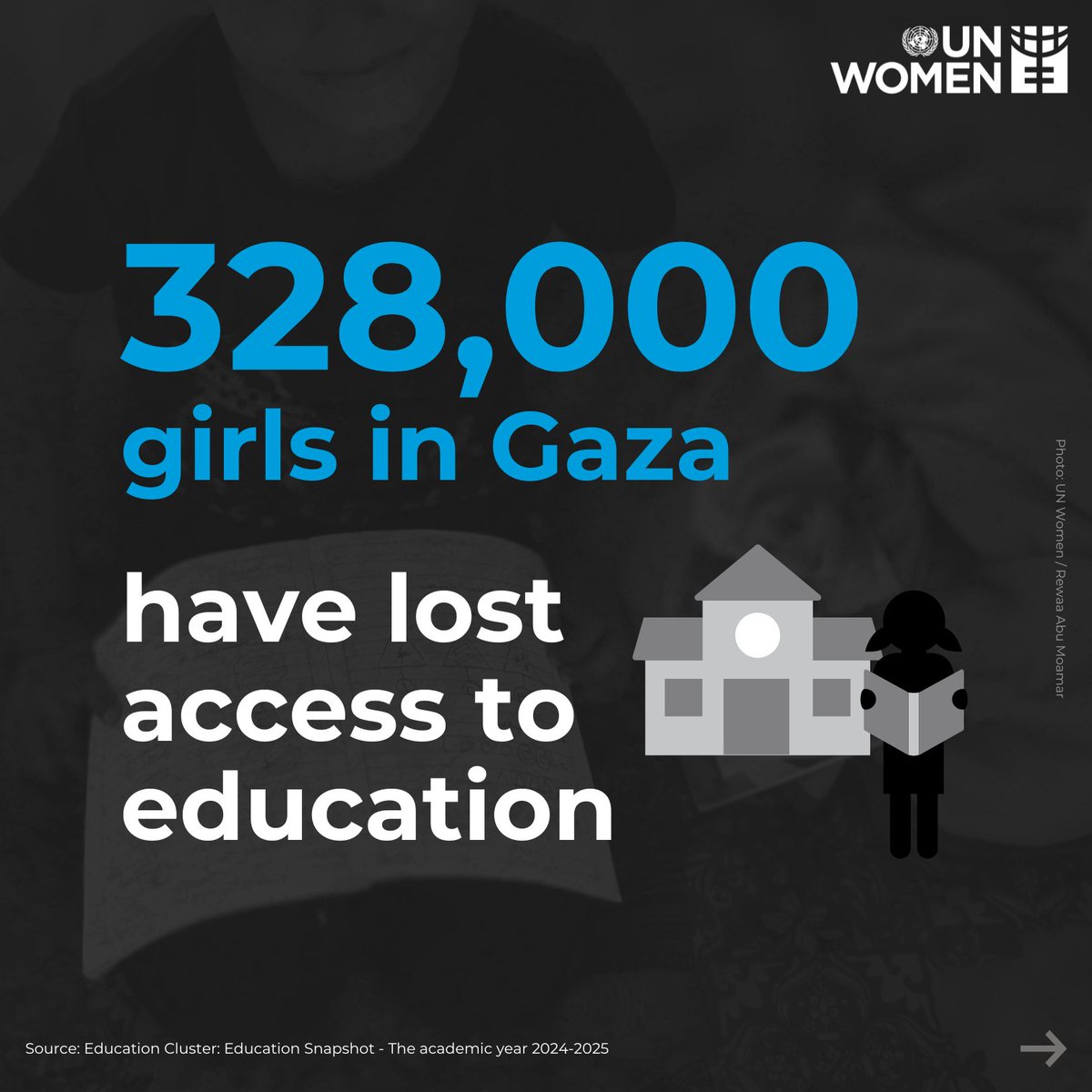 UN_Women's tweet photo. Women and girls in #Gaza are enduring unbearable suffering.

In Gaza:
🚨328,000 girls have lost access to education
🚨4 in 5 mothers are skipping meals to feed their children
🚨7,967 women have become the sole providers for their families

This war on women needs to stop NOW! https://t.co/gD0ec4Q9Sr