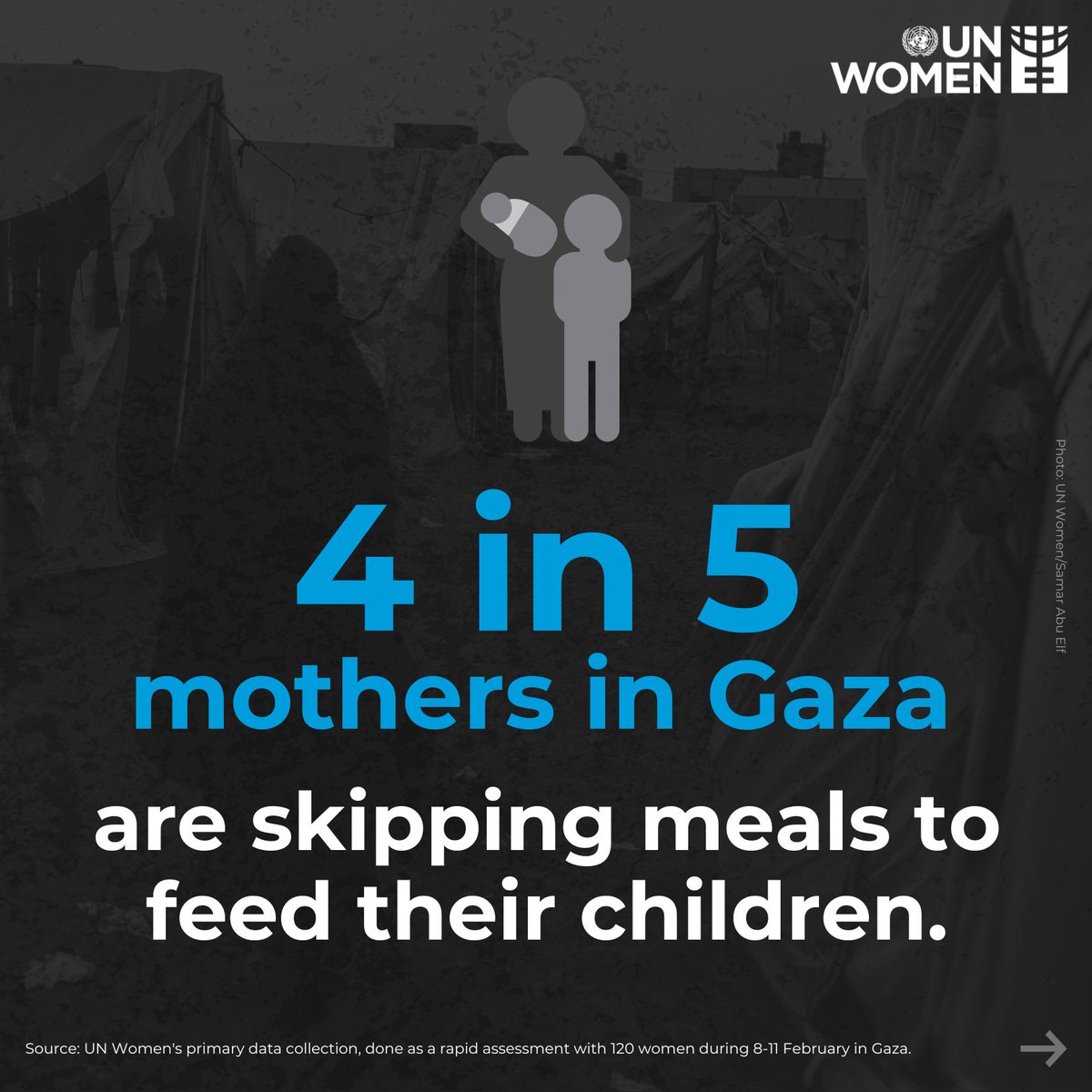UN_Women's tweet photo. Women and girls in #Gaza are enduring unbearable suffering.

In Gaza:
🚨328,000 girls have lost access to education
🚨4 in 5 mothers are skipping meals to feed their children
🚨7,967 women have become the sole providers for their families

This war on women needs to stop NOW! https://t.co/gD0ec4Q9Sr