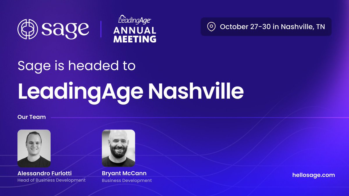Hello Sage (@hellosagenyc) on Twitter photo 👋 Sage’s Alessandro Furlotti and Bryant McCann will be in Nashville from October 27-30. Come say hi or book a meeting at bd@hellosage.com! 👋 Sage’s Alessandro Furlotti and Bryant McCann will be in Nashville from October 27-30. Come say hi or book a meeting at bd@hellosage.com!