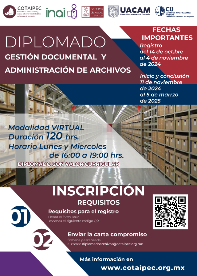 ITPCampeche's tweet photo. La #COTAIPEC y el @cij_uac convocan a personas interesadas a participar en el Diplomado "Gestión Documental y Administración de Archivos" cuyo objetivo es brindar los conocimientos teóricos y prácticos necesarios para la implementación de la normativa archivística.
Registro 👇 https://t.co/eU69hJlIEf