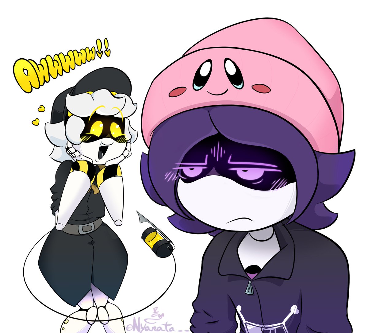 Uzi hates pink, but he wanted to see how the hat would look on her. <:)
#murderdrones #nuzi #biscuitbites