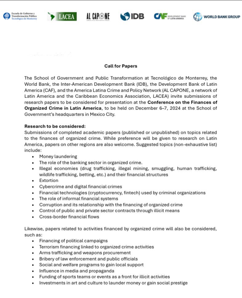 Al Capone (economics of crime) (@alcapone_econ) on Twitter photo Updated call for papers on the finances of organized crime, hosted by <a href="/EGobiernoyTP/">Escuela de Gobierno</a> and co-organized with <a href="/BancoMundialLAC/">Banco Mundial | América Latina y el Caribe</a> (+participation of <a href="/el_BID/">Banco Interamericano de Desarrollo</a> & <a href="/AgendaCAF/">CAF</a>)
The workshop will take place at stunning #CDMX on Dec 6 and 7
1/5 Updated call for papers on the finances of organized crime, hosted by <a href="/EGobiernoyTP/">Escuela de Gobierno</a> and co-organized with <a href="/BancoMundialLAC/">Banco Mundial | América Latina y el Caribe</a> (+participation of <a href="/el_BID/">Banco Interamericano de Desarrollo</a> & <a href="/AgendaCAF/">CAF</a>)
The workshop will take place at stunning #CDMX on Dec 6 and 7
1/5