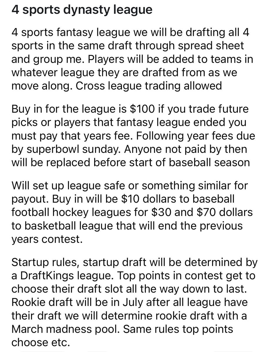 Looking for one more 12tm 4 sports dynasty league. Unique draft looking for committed owner. <a href="/MyFantasyLeague/">MyFantasyLeague.com</a> <a href="/Fantrax/">Fantrax</a> <a href="/SleeperHQ/">Sleeper</a>