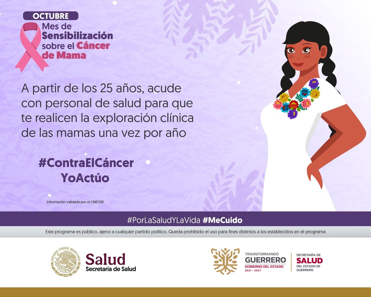 Gob_Guerrero's tweet image. Octubre I Mes de la Sensibilización sobre el #CáncerDeMama 🩺
 
Si cumpliste 25 años, no dejes de acudir a una exploración clínica anual de tus mamas. 
 
 #Observo #Toco #Siento 👁️✋👐
 
 #ContraElCáncerDeMamaYoActúo #PorLaSaludYLaVida #MeCuido