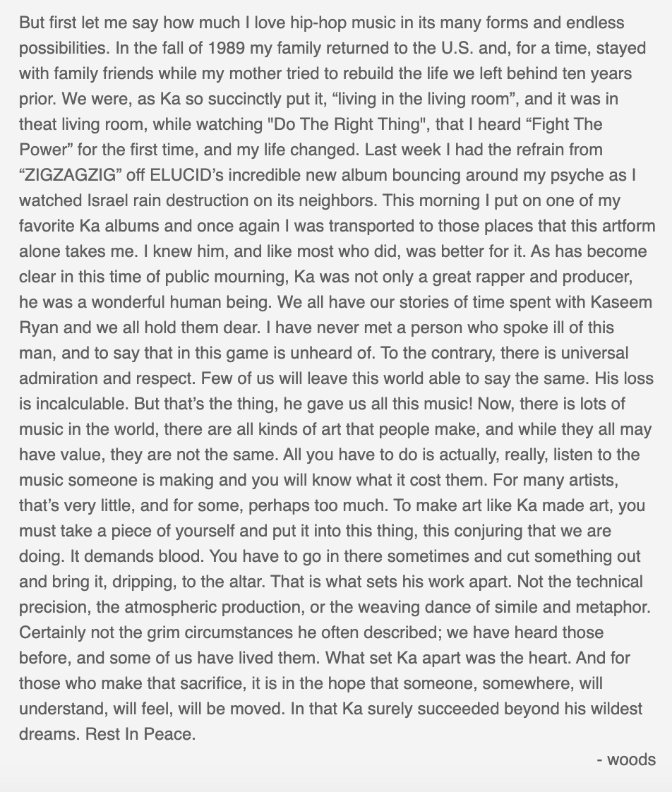 TweetsVanZandt's tweet photo. backwoodz emails are always great. We all know this. But woods' eulogy for Ka is an elevation in greatness. It's things like this, beyond the music, that make @BackwoodzHipHop my favorite label. Music and art and love are the drivers behind it all 🤍 https://t.co/GmUaP87pLz