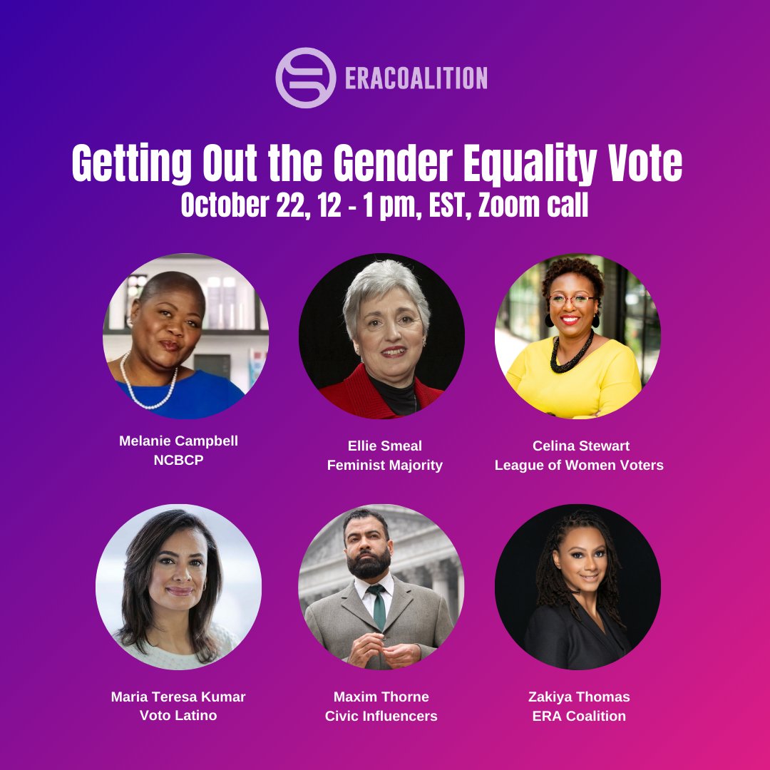 ERACoalition's tweet photo. Next Tues, Oct 22, from 12-1PM (ET), we are hosting "Get Out the Gender Equality Vote" a GOTV power hour with partner orgs, spotlighting their latest campaigns. @NCBCP @votolatino @CivicInfluencer @LWV @FeministFDN

Register now: https://t.co/a1aX2z6qTm https://t.co/RL57er9iA4