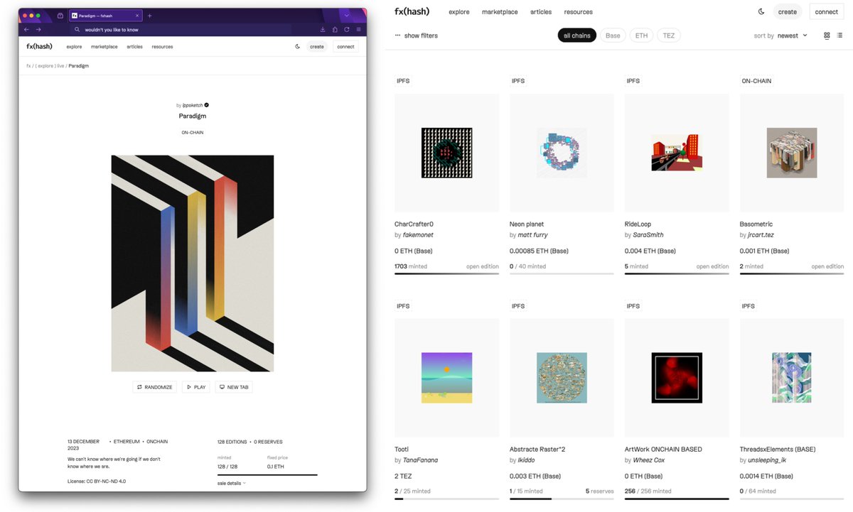 new fxhash website

as covered in today's fx(news), we're getting closer to finalizing the new website! the glimpse included here shows off the redesigned project and explore pages.

we're not fixing a launch date—instead, we'll simply drop the public beta when it's ready 🙃