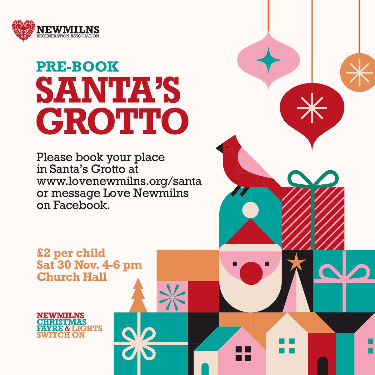 We’re excited to announce that Santa’s Grotto is back this year! 🎅✨ 
Join us on Saturday, 30th November from 4pm-6pm at the Church Hall, part of the Christmas Fayre
Link to book:
lovenewmilns.org/santa
#newmilns #christmasfayre #santasgrotto