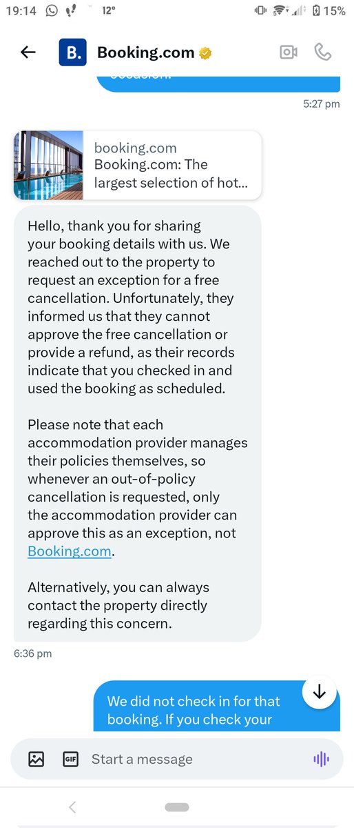 SaraWhitnall's tweet photo. @MBonvoyAssist This is the reply from @bookingcom We did not use this reservation, because we couldn't get there. Can this be resolved? https://t.co/31U0oFtDY8