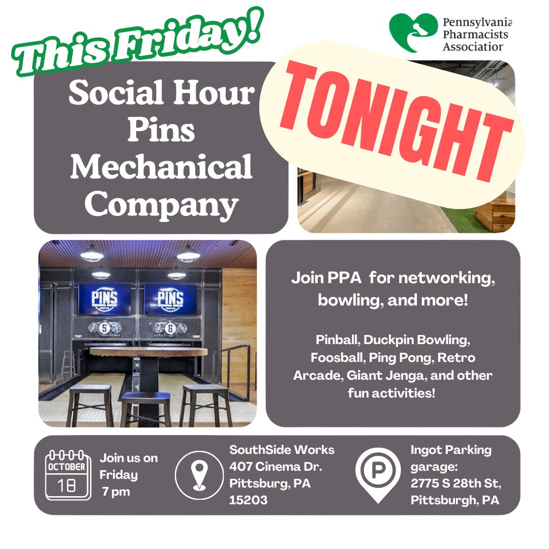 PAPharmacists's tweet image. 🎉  TONIGHT 🎉 Join the PA Pharmacists Association staff and leaders, along with your colleagues at Pins Mechanical Company in Southside Pittsburgh at 7:00 pm for a night of networking, bowling and more!  🎊🍻🎳🎱 #PPAatWork #Pharmacists