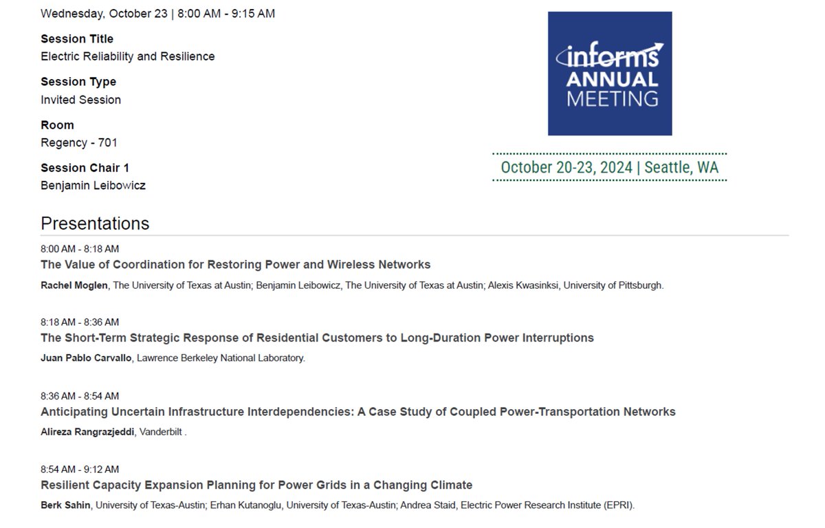 How should we improve the #resilience of #electricity systems? How do customers respond to #power outages, and how can utilities restore service faster?

If you'll be at @INFORMS2024, then check out our Wednesday session "Electric Reliability and Resilience." <a href="/RachelMoglen/">Rachel Moglen</a>