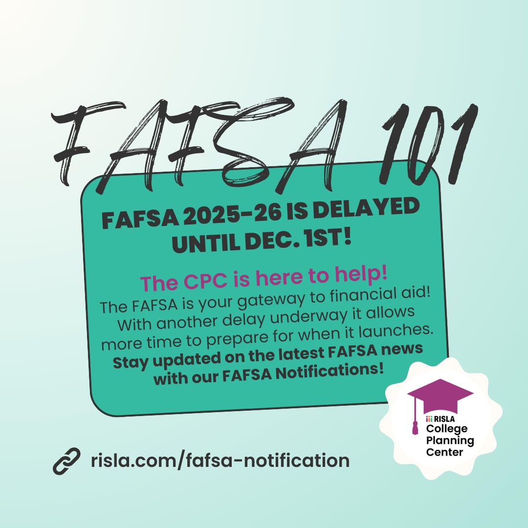 CPCRI's tweet photo. If you haven't heard already, the FAFSA will be delayed until Dec. 1st 📆
Stay up to date with the CPC's FAFSA Notifications - 🔗 https://t.co/iBIaw1GeXa

#cpcri #collegeplanning #rhodeisland #fafsa https://t.co/yocP5tBLYM