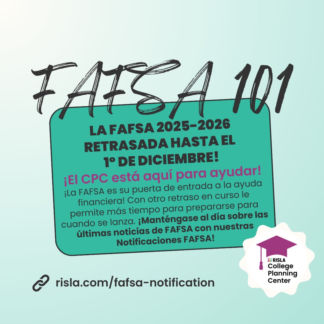 CPCRI's tweet photo. If you haven't heard already, the FAFSA will be delayed until Dec. 1st 📆
Stay up to date with the CPC's FAFSA Notifications - 🔗 https://t.co/iBIaw1GeXa

#cpcri #collegeplanning #rhodeisland #fafsa https://t.co/yocP5tBLYM