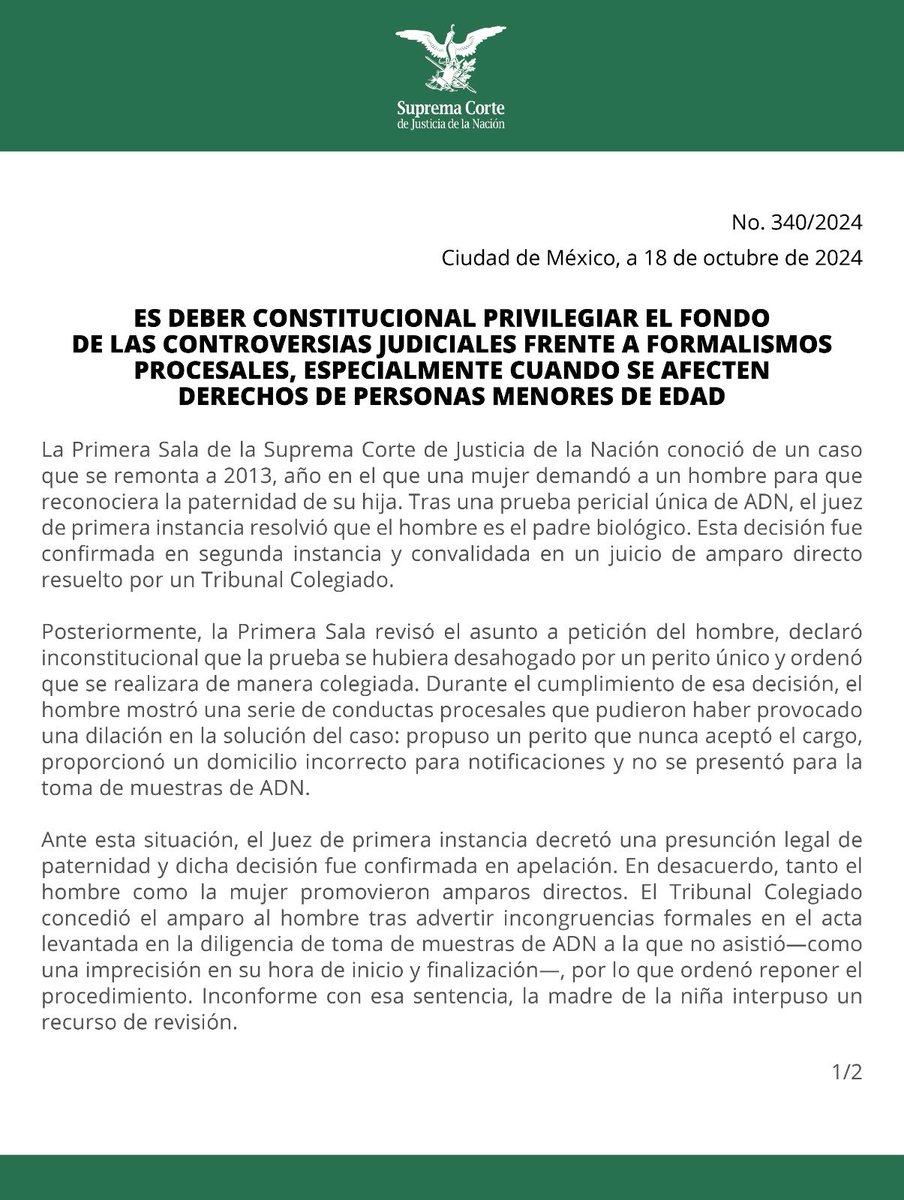 SCJN's tweet photo. Es deber constitucional privilegiar el fondo de las controversias judiciales frente a formalismos procesales, especialmente cuando se afecten derechos de personas menores de edad: #PrimeraSalaSCJN

🔗https://t.co/nU103y82jY https://t.co/UxsxflWhqv