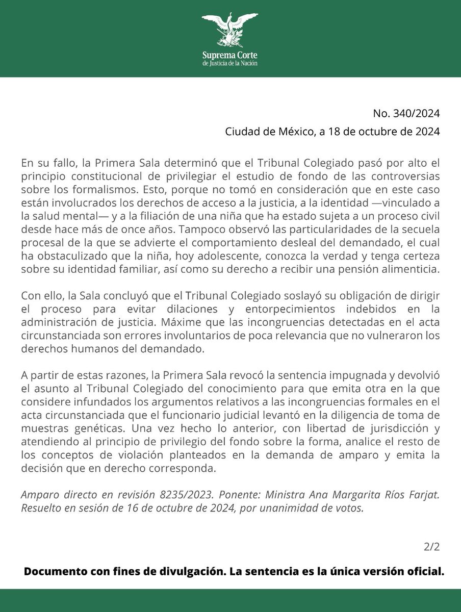 Es deber constitucional privilegiar el fondo de las controversias judiciales frente a formalismos procesales, especialmente cuando se afecten derechos de personas menores de edad: #PrimeraSalaSCJN

🔗bit.ly/3UfGDFj