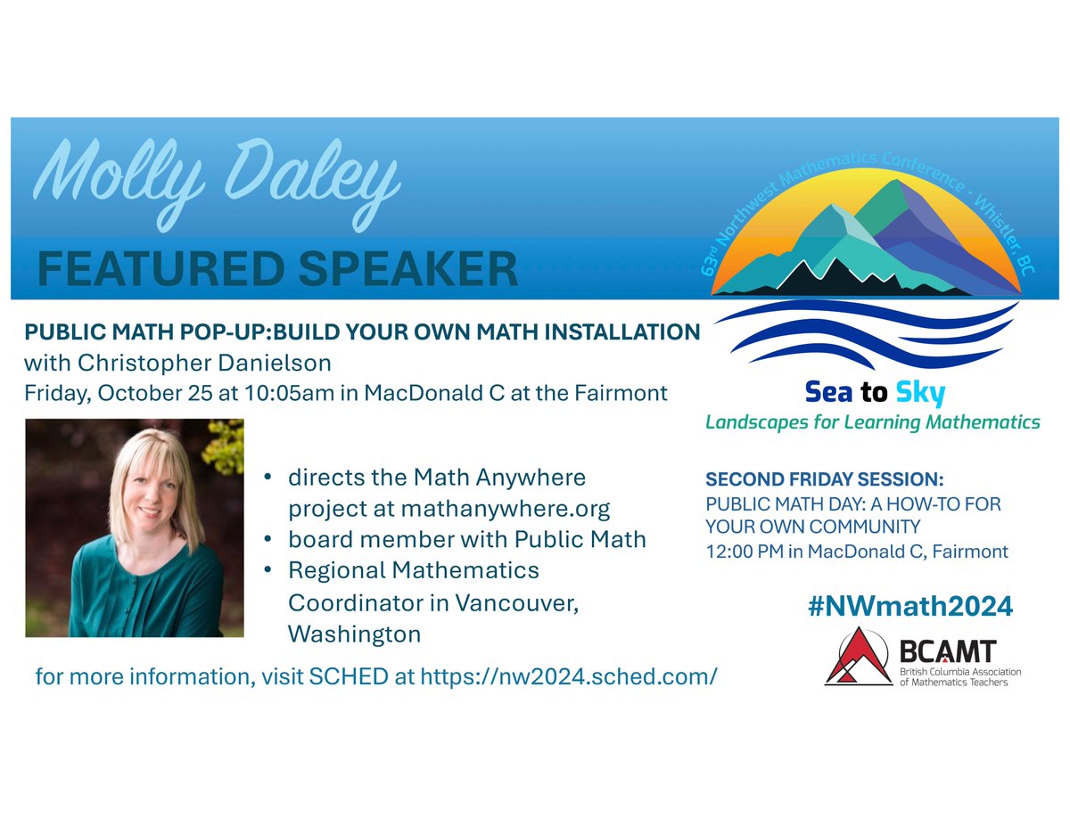 nwmathconf's tweet image. Molly Daley is talking all things @Public_Math on Fri. Oct. 25. Join Molly for finding inspiration for mathematics from the sea to the sky! #NWmath2024 @BCAMT