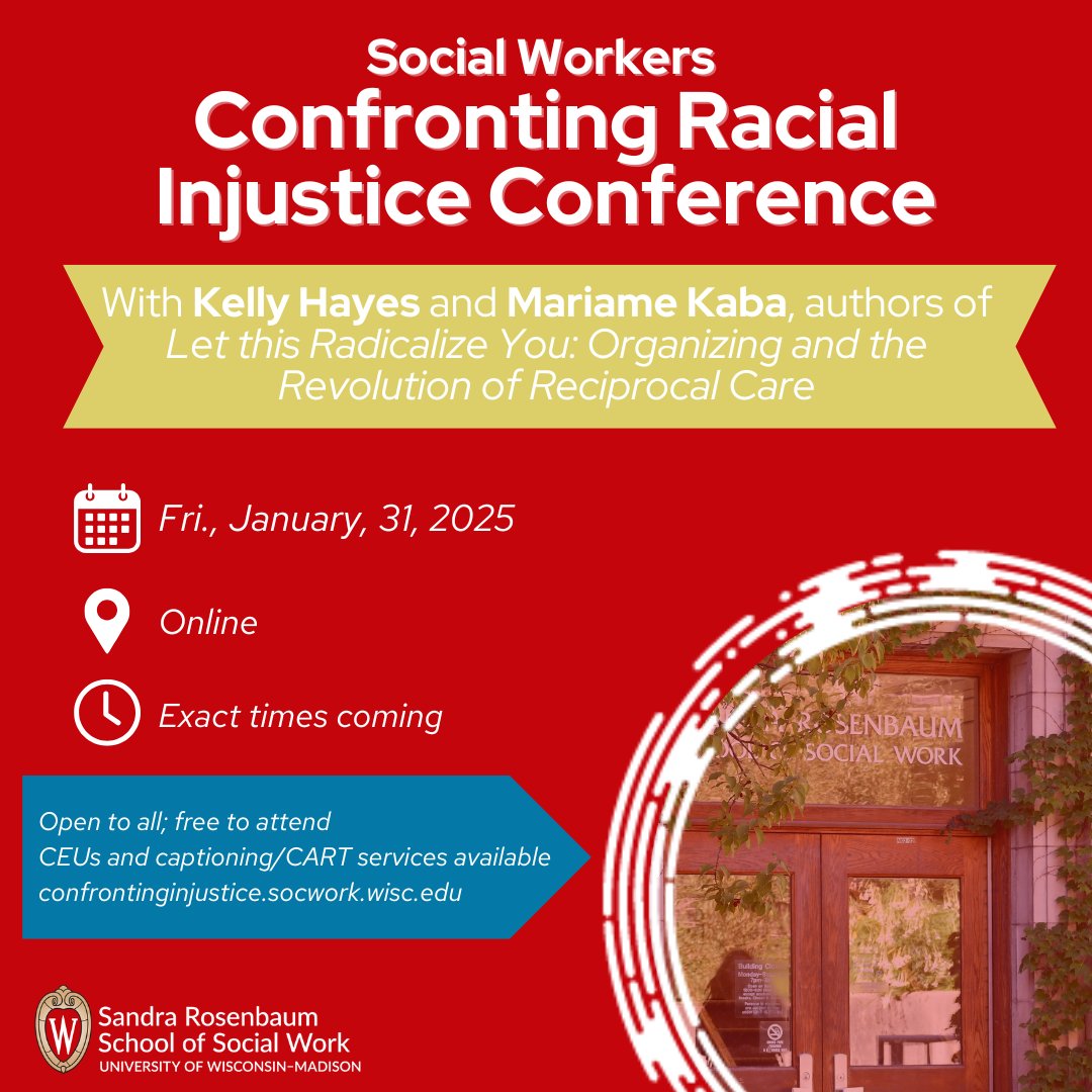 Save the date! Our annual Social Workers Confronting Racial Injustice Conference is back on January 31st! We have an amazing lineup of speakers this year! 🙌 

Click on the link below to learn more!
confrontinginjustice.socwork.wisc.edu