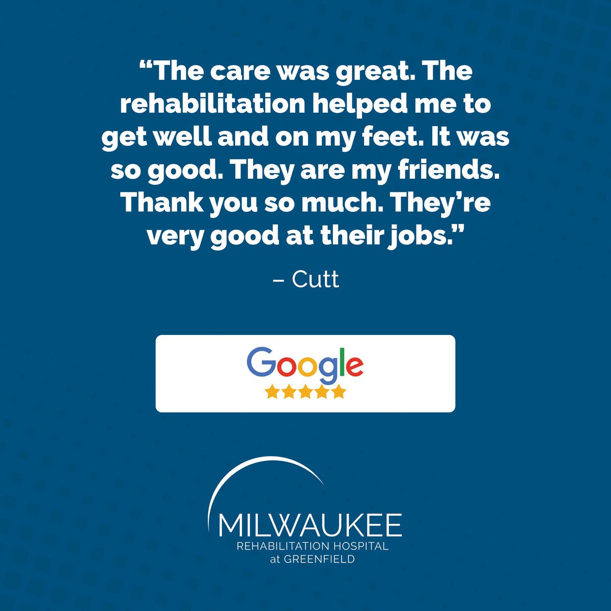 NobisRehab's tweet photo. We received a 5-star review on Google from Cutt, “The care was great. The rehabilitation helped me to get well and on my feet.” Thank you for your kind words!

#InpatientRehabHospital #IRF #MedicalRehab #patientsatisfaction #patientoutcomes https://t.co/5oVmz1mO40
