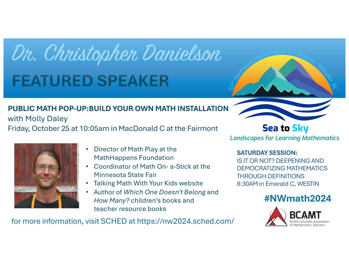 nwmathconf's tweet image. Dr. Christopher Danielson is talking @Public_Math on Friday morning at the Fairmont and is hosting a session on Deepening and Democratizing Mathematics Through Definitions at the Westin on Saturday. Plan your days on nw2024.sched.com @BCAMT