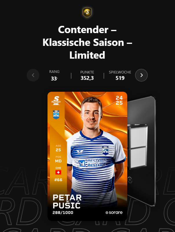 SportStolli's tweet photo. #Sorare
Und hier mein Tier3 reward => Petar #Pusic. So wie es aussieht Stammspieler mit ordentlichen Scores.
Wenn jemand Interesse hat, bitte melden https://t.co/wM1iaD0kv8