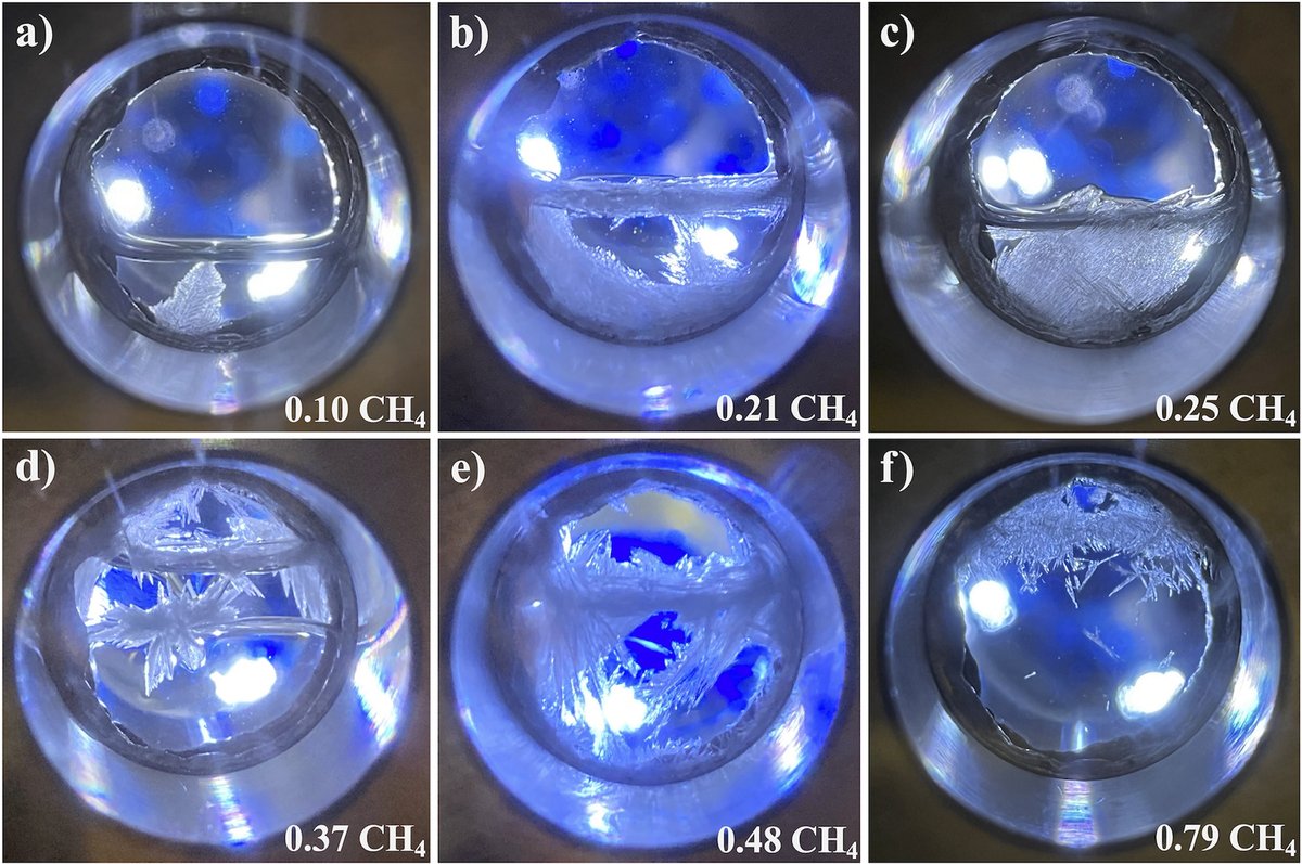 This week’s figure shows laboratory experimentation of different methane solutions, simulating Titan’s surface conditions. Higher methane content changes the crystalline structure of freezing icy solutions, and whether ice crystals sink or float in solution. (1/2)