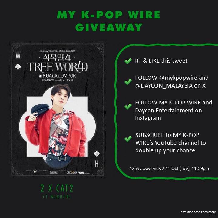 mykpopwire's tweet photo. [MY K-POP WIRE Giveaway] 🎟️ 2 x CAT 2

Join now to get the chance to go!! 
GOOD LUCK 🤞🏼

#NAMWOOHYUN 
#남우현 
#2024NAMWOOHYUNCONCERT 
#식목일4 
#TREEWORLD 
@DAYCON_MALAYSIA 
#NAMWOOHYUNinKL 
#TREEWORLDinKL 
#MYKPOPWIRE 
#MYKPOPWIREGiveaway https://t.co/D7tnN2rHYZ
