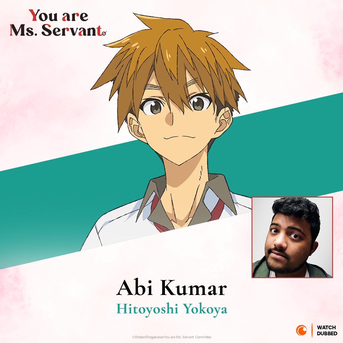 Abi Kumar (@thekumarabi) on Twitter photo It is my honor to finally announce my first lead role in anime as Hitoyoshi from You are Ms. Servant!
I am beyond grateful to <a href="/ReadyKafka/">Shawn Gann</a> for giving me this incredible opportunity, and <a href="/GoSay_Audio/">Jose Sandoval</a> for his masterclass engineering!
First episode is out on <a href="/Crunchyroll/">Crunchyroll</a> tomorrow! It is my honor to finally announce my first lead role in anime as Hitoyoshi from You are Ms. Servant!
I am beyond grateful to <a href="/ReadyKafka/">Shawn Gann</a> for giving me this incredible opportunity, and <a href="/GoSay_Audio/">Jose Sandoval</a> for his masterclass engineering!
First episode is out on <a href="/Crunchyroll/">Crunchyroll</a> tomorrow!