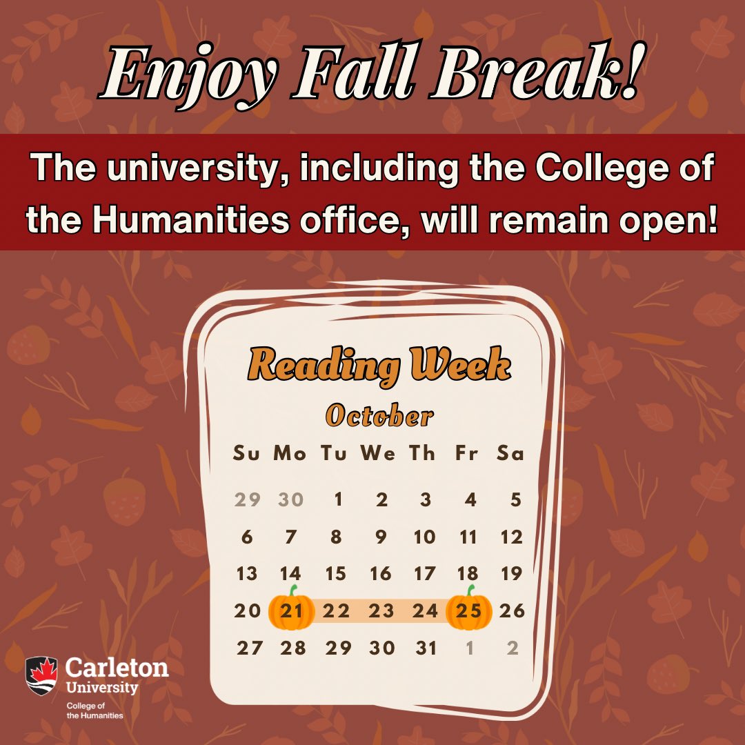 grs_carleton's tweet photo. 🍂 It’s Friday, which means fall break is almost here! No classes take place next week (Oct 21-Oct 25), but the university, including the College of the Humanities office, will remain open!

We hope that you have a great fall break and take the time to rest &amp; recharge! 🏛️🍂🏺🎃📜 https://t.co/7SEH49ELef