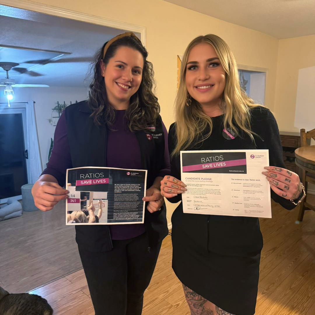 BCNursesUnion's tweet photo. BCNU regional lobby coordinators have been busy throughout #BCElxn2024 asking candidates from all parties to sign pledges in support of minimum nurse-to-patient ratios, which will help nurses provide high-quality care to all our patients. #BCNurses #RatiosSaveLives https://t.co/FmvLavRwma