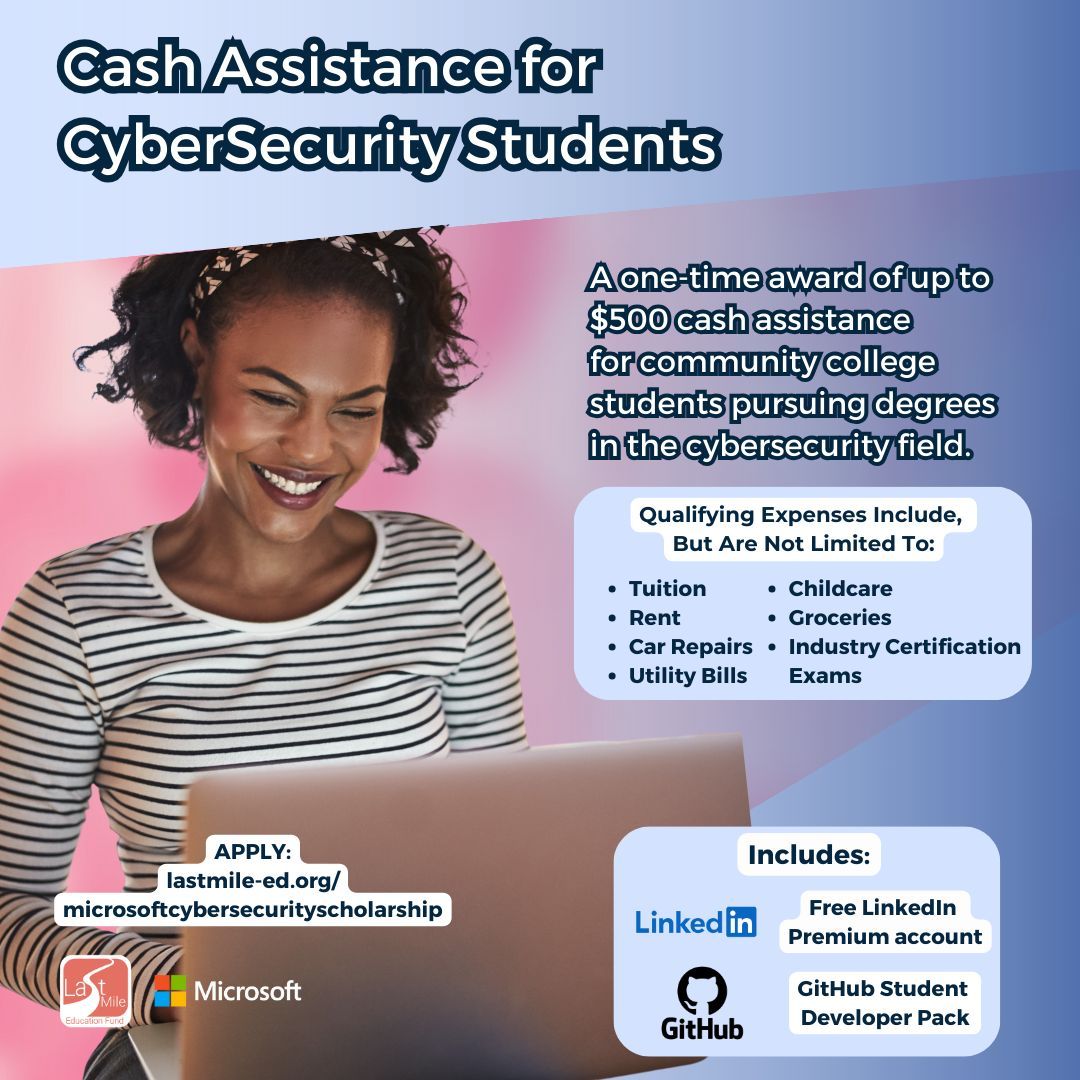 📣Calling all cybersecurity students attending 2-year institutions! A one-time award of up to $500 is available to help YOU cover life expenses and get across the finish line to college completion. 

International and #DACA students are eligible.

➡️APPLY: buff.ly/45w8qnE