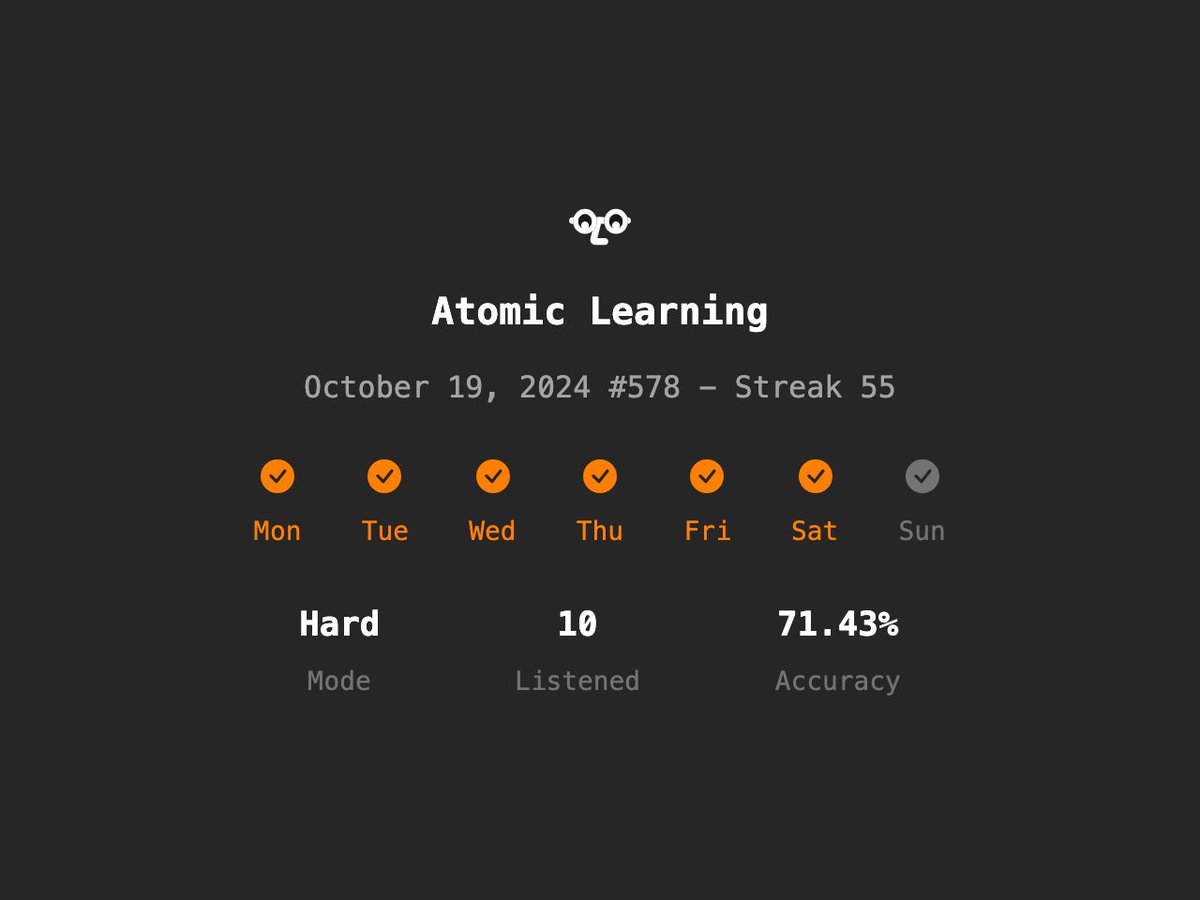 Atomic Learning #578 - Streak 55
Hard🔥/10 Listened/71.43% Accuracy
en.atomiclearning.app
<a href="/atomiclearning_/">Atomic Learning</a> #AtomicLearning #langtwt