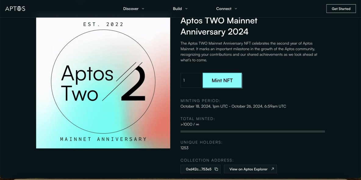 Mint importante en Aptos: aptosfoundation.org/collectibles/a…

Es un NFT conmemorativo del segundo aniversario de la red

Puede ser importante para el airdrop de Aptos #2

O puede que no... Pero es una transacción más y el mint es gratis 🫡