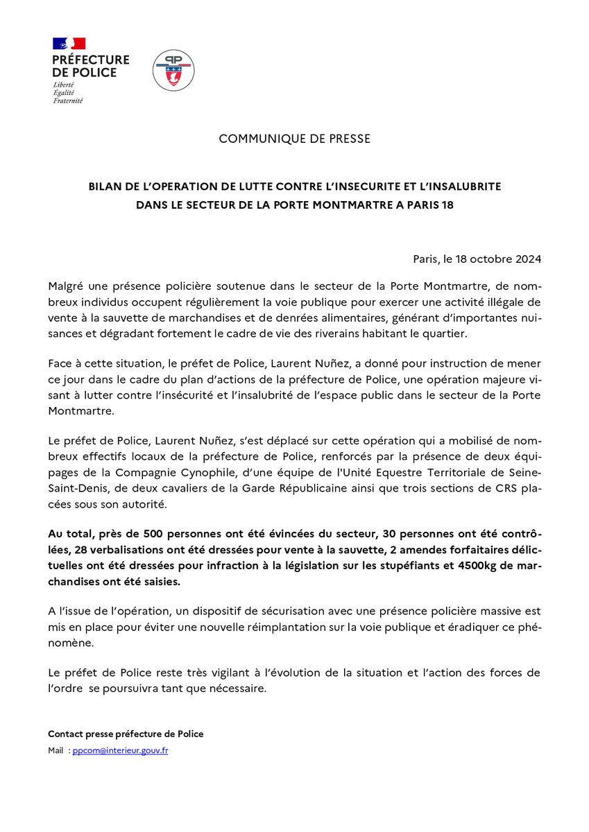 Bilan de l'opération de lutte contre l'insécurité et l'insalubrité dans le secteur de la porte de Montmartre à Paris 18. 

Consultez notre communiqué de presse ⤵️
