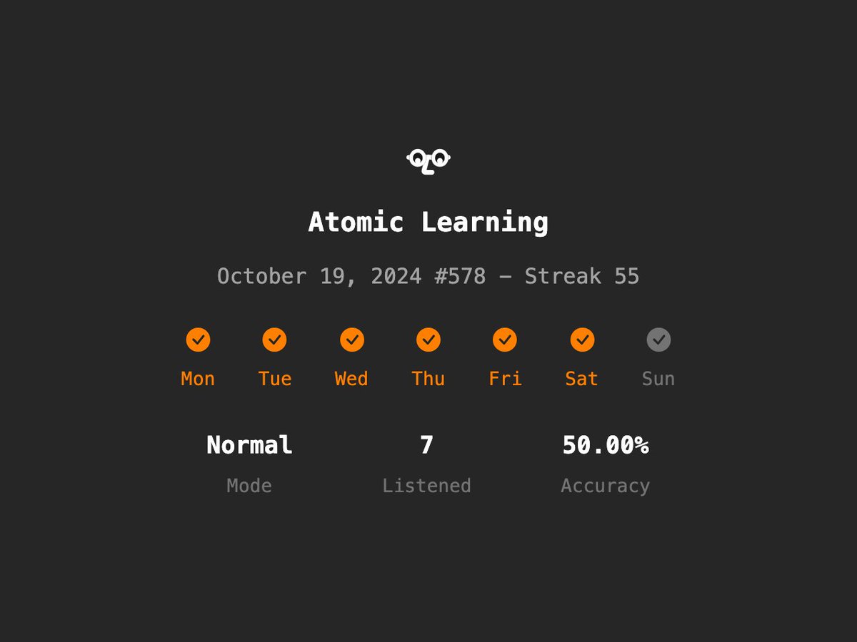 Atomic Learning #578 - Streak 55
Normal✨/7 Listened/50.00% Accuracy
en.atomiclearning.app
<a href="/atomiclearning_/">Atomic Learning</a> #AtomicLearning #langtwt