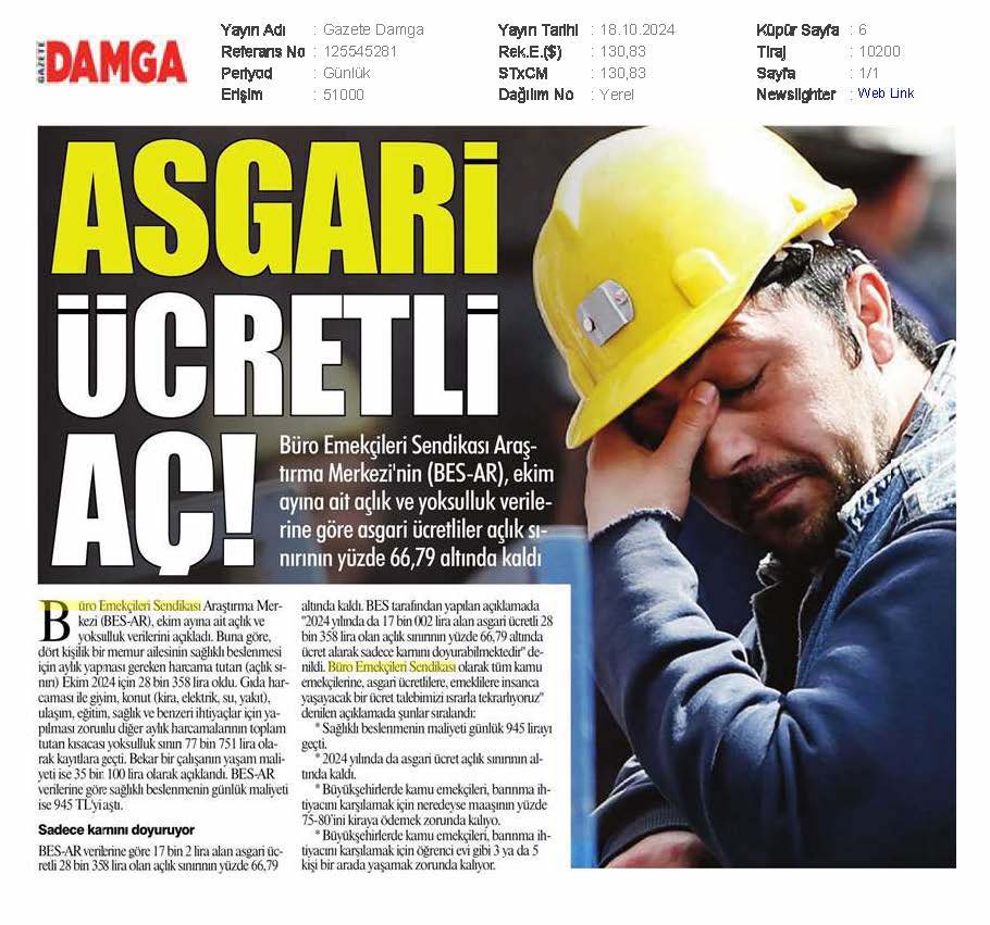 Büro Emekçileri Sendikası Araştırma Merkezi BES-AR'ın verilerine göre, dört kişilik bir memur ailesinin sağlıklı beslenmesi için aylık yapması gereken harcama tutarı Ekim ayı için 28 bin 358 lira oldu...

#BESAR #açlık #yoksulluk #enflasyon