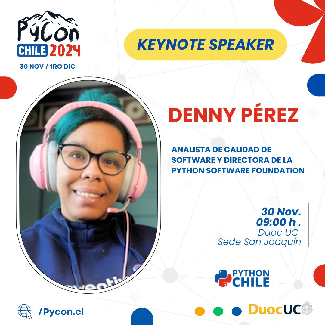 ¡Anunciamos a nuestra Keynote para #PyConChile24! 🎉🌟🐍

Denny, es Directora y Fellow de la <a href="/ThePSF/">Python Software Foundation</a>, compartirá su experiencia en comunidades y el ecosistema #Python. 🐍💻
¡Una líder clave para el crecimiento de nuestra comunidad! 🚀

🌐 Más detalles: 👇
 pycon.cl