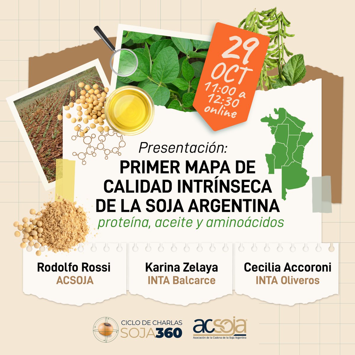 ACSOJA_Arg's tweet photo. 📌AGENDA! #Soja360🌱#LaCadenaEnAcción
👥Ciclo de Charlas Virtuales
🗓️29/10 11 hs💻x ZOOM
Presentación: primer mapa de calidad intrínseca de la soja Argentina- proteína, aceite y aminoácidos.  

📝SIN CARGO👉  https://t.co/Uo58uc1Mne https://t.co/NPvsJQ5y1G