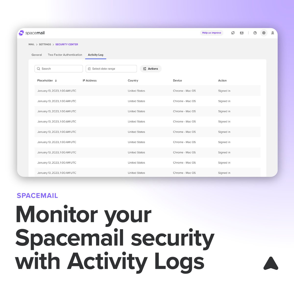spaceship's tweet image. 🛡️ Introducing Activity Logs for Spacemail! Monitor and review login attempts and other security actions to keep your email secure. Stay ahead of threats. #SpaceshipTech #ActivityLogs #EmailSecurity