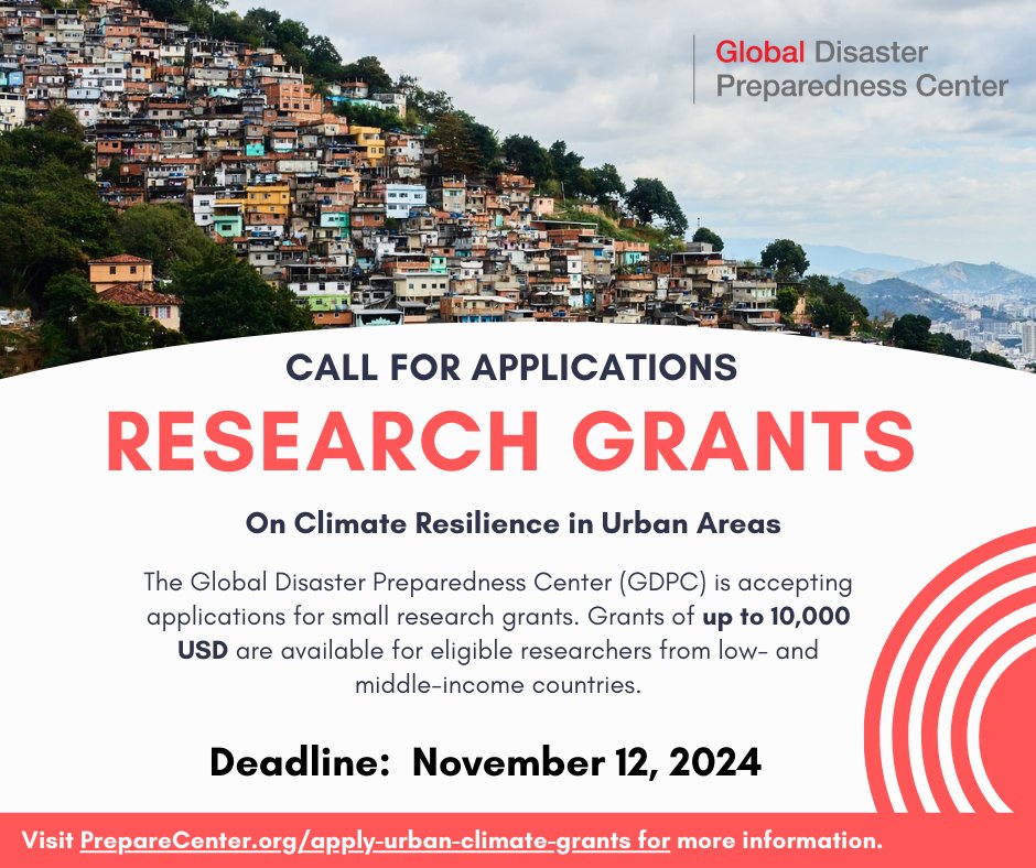 🚨 Less than a month left to apply for the GDPC Small #Research Grants! Up to $10,000 for research on urban #ClimateResilience. Open to researchers from low- and middle-income countries. Deadline: Nov 12, 2024. Apply now! preparecenter.org/activity/gdpc-…