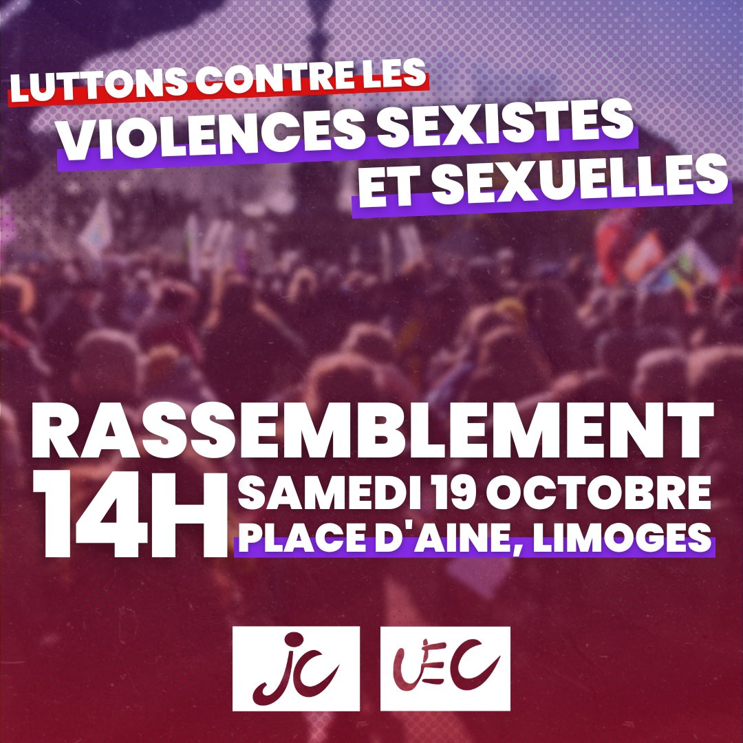MJCF_87's tweet image. 🚩 Samedi 19 octobre à 14h, soyons nombreux·ses Place d'Aine pour porter notre voix contre les violences sexistes et sexuelles, en soutien à toutes les personnes victimes !