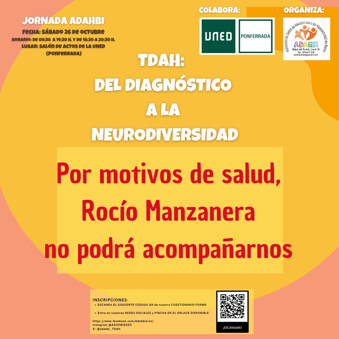 El próximo sábado no podremos contar con la presencia de Rocío Manzanera.

Lo sentimos muchísimo, pero estamos seguros que habrá otra ocasión.

En breve os compartiremos el nuevo cartel de las jornadas, que se celebrarán en Ponferrada el día 26 de octubre.

<a href="/neuroinclusi0n/">Plataforma Neuroinclusión 🌈🧠</a> 🧡🧡🧡