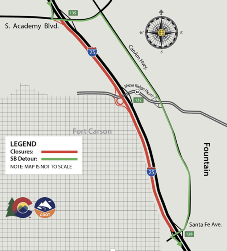 ColoradoDOT's tweet photo. #CDOT #News: #MAMSIP update for Oct. 20 in @CityofCOS. Nighttime #I25 north/southbound closures between Santa Fe Avenue (#US85/#US87) and South Academy Boulevard for edge drain installation/concrete pavement repairs.
📰https://t.co/K9YObOODpl
#KnowBeforeYouGo #SlowfortheConeZone https://t.co/3VPyAKWrV1