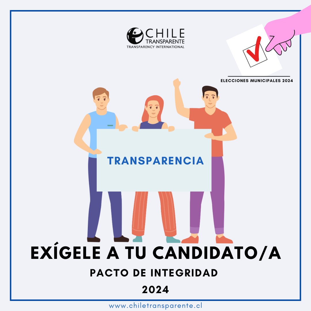 Ch_Transparente's tweet photo. A días de las elecciones municipales cada voto cuenta, pero también cada firma. Pide a los candidatos que firmen el #PactodeIntegridad 2024 y hagamos juntos comunas más transparentes 🙌
Firma el Pacto: https://t.co/pzSq6MGlWC
#transparencia #nomascorrupcion #elecciones https://t.co/NBUSPtd7E0