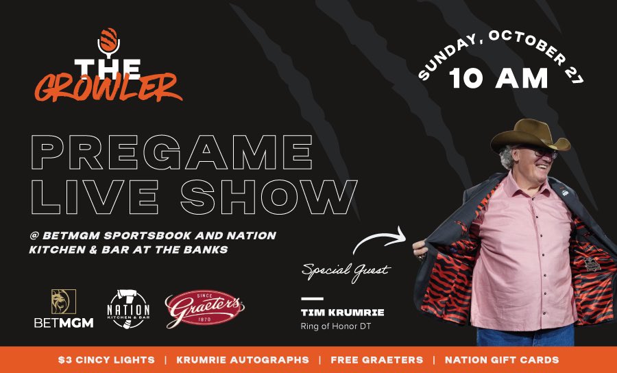 Paul Dehner Jr. (@pauldehnerjr) on Twitter photo Mentioned this on pods, our next live show before #Bengals-Eagles on 10/27 is good to go even with time change.
We now start at 10am <a href="/BetMGM/">BetMGM π¦</a> & Nation Kitchen at The Banks!
Tim Krumrie will be our guest.
Giveaways, #GraetersWorthy, $3 Cincy Lights, more.
Hope to see you there. Mentioned this on pods, our next live show before #Bengals-Eagles on 10/27 is good to go even with time change.
We now start at 10am <a href="/BetMGM/">BetMGM π¦</a> & Nation Kitchen at The Banks!
Tim Krumrie will be our guest.
Giveaways, #GraetersWorthy, $3 Cincy Lights, more.
Hope to see you there.