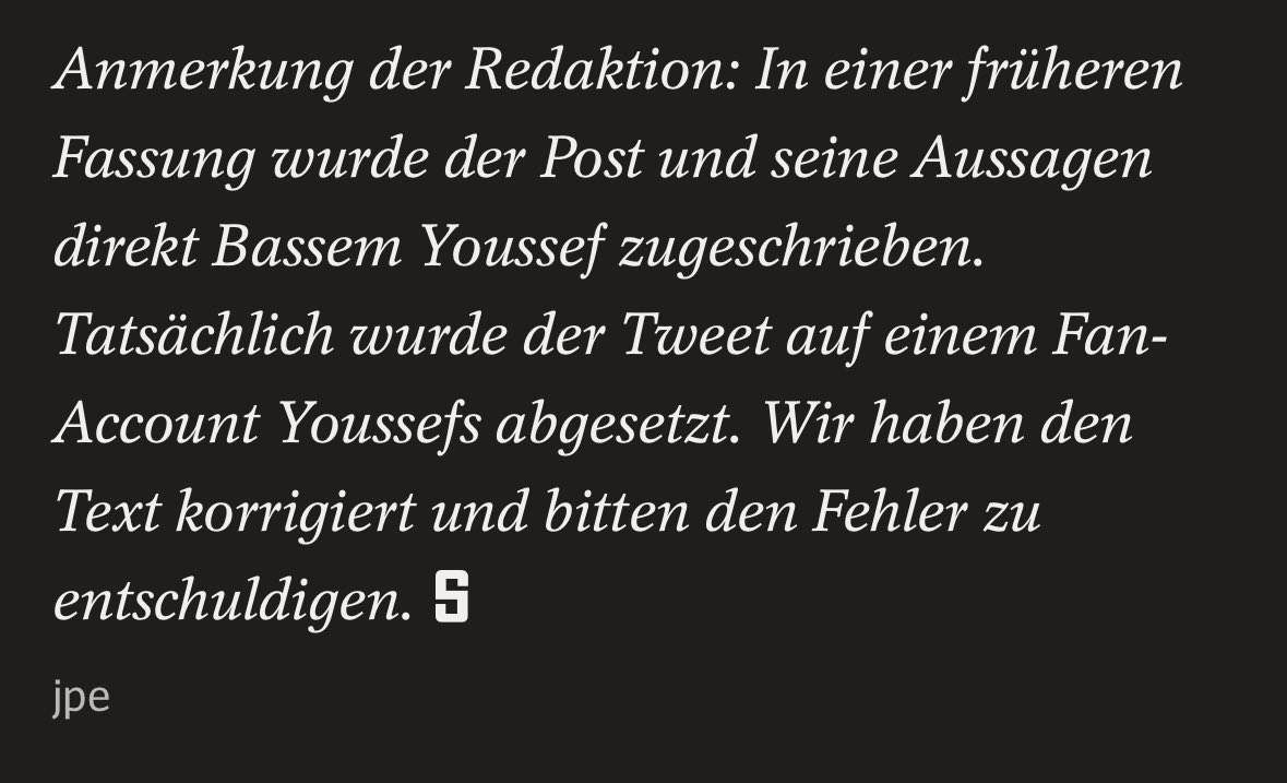 ragnarweilandt's tweet photo. @derspiegel @bassem_youssef9 @Byoussef @mathieuvonrohr Finden Sie nicht, dass man diesen Artikel zurückziehen sollte? Welchen Nachrichtenwert hat es, dass ein (Fake?-) Account vermeintlicher (?) Fans irgendetwas schreibt? https://t.co/Rl8LtwWkKO