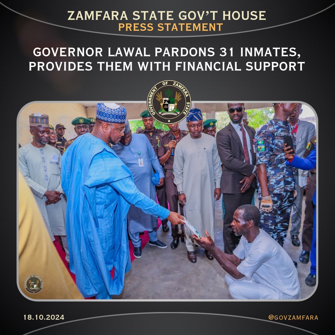 govzamfara01's tweet photo. PRESS STATEMENT

GOVERNOR LAWAL PARDONS 31 INMATES, PROVIDES THEM WITH FINANCIAL SUPPORT https://t.co/kgSnSiA1Wf